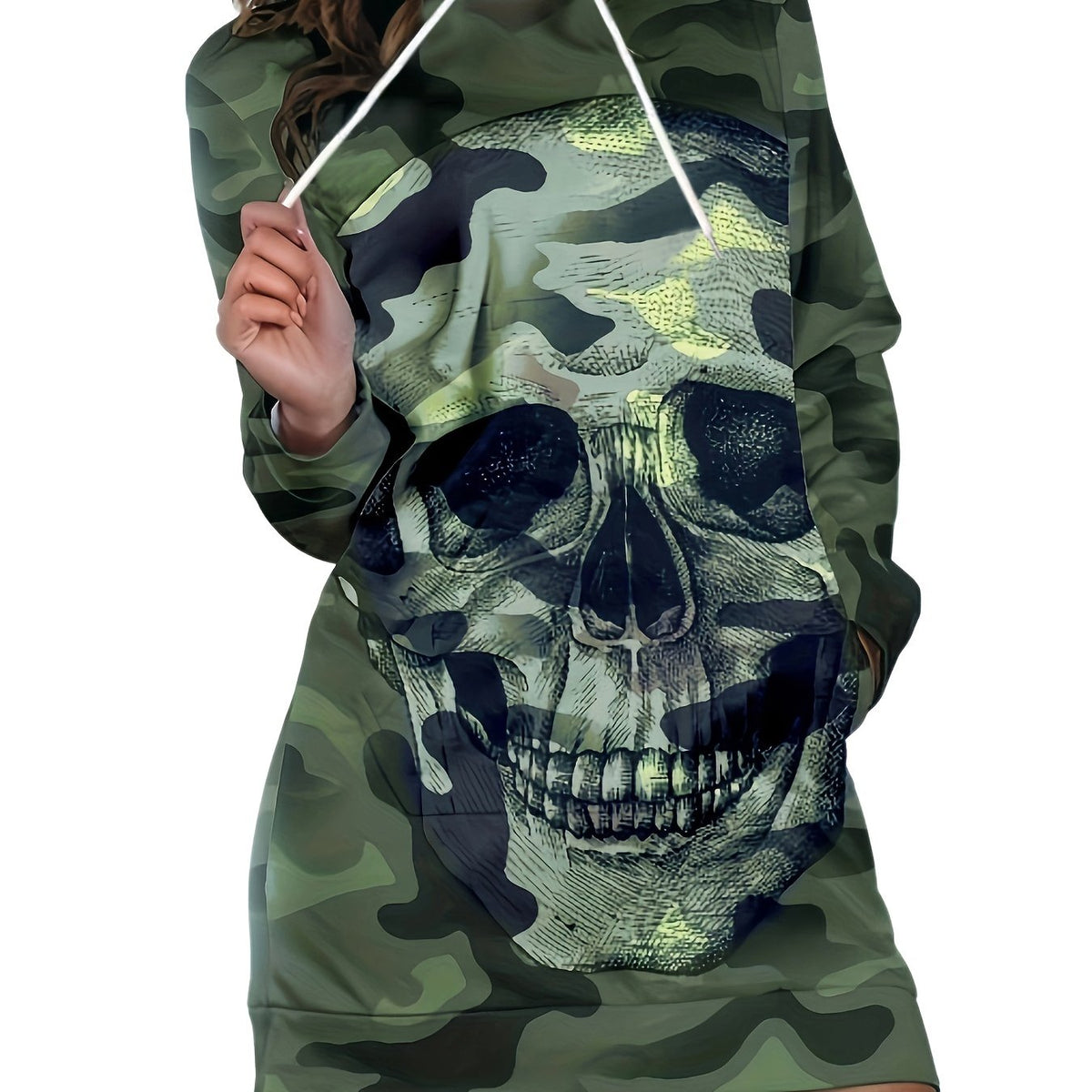  Camo & Skull Print Long Sleeve Hoodie Dress