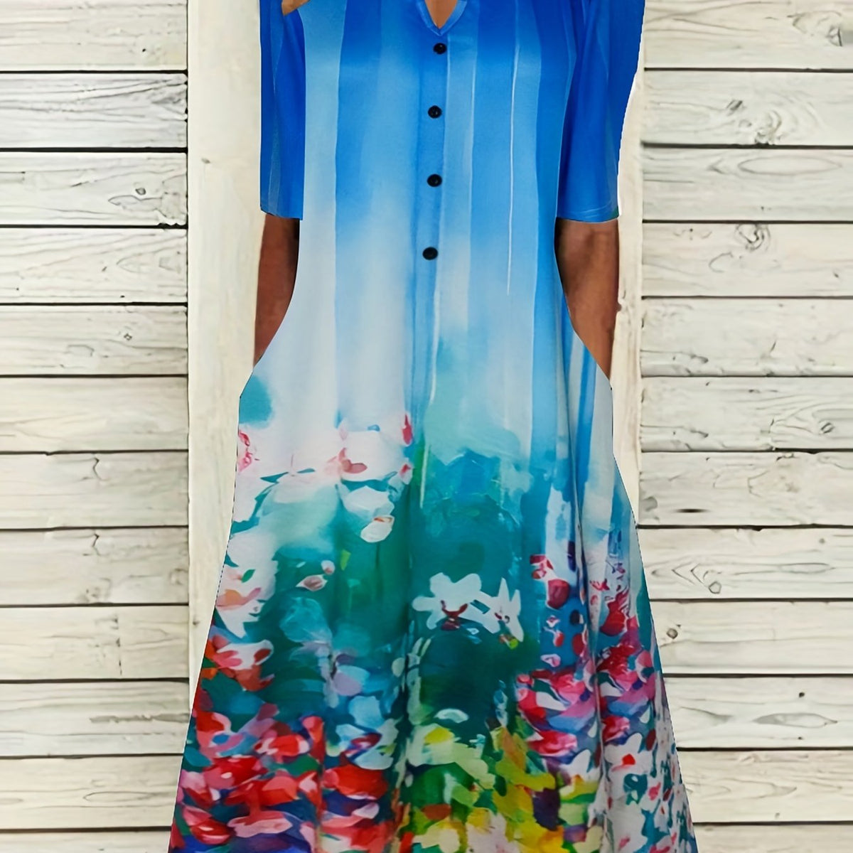 Plus Size Floral Print Button Decor Short Sleeve Dress With Pockets