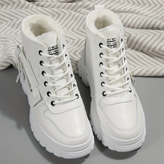 Plush Lined Winter Ankle Boots, Lace Up Side Zipper Short Boots