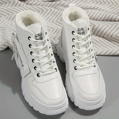Plush Lined Winter Ankle Boots, Lace Up Side Zipper Short Boots