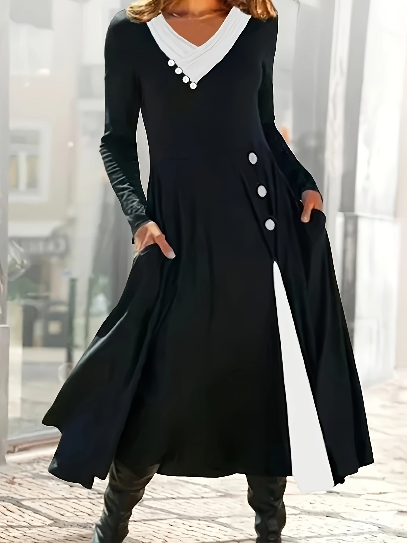  Colorblock Button Long Sleeve Dress With Pockets