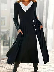  Colorblock Button Long Sleeve Dress With Pockets