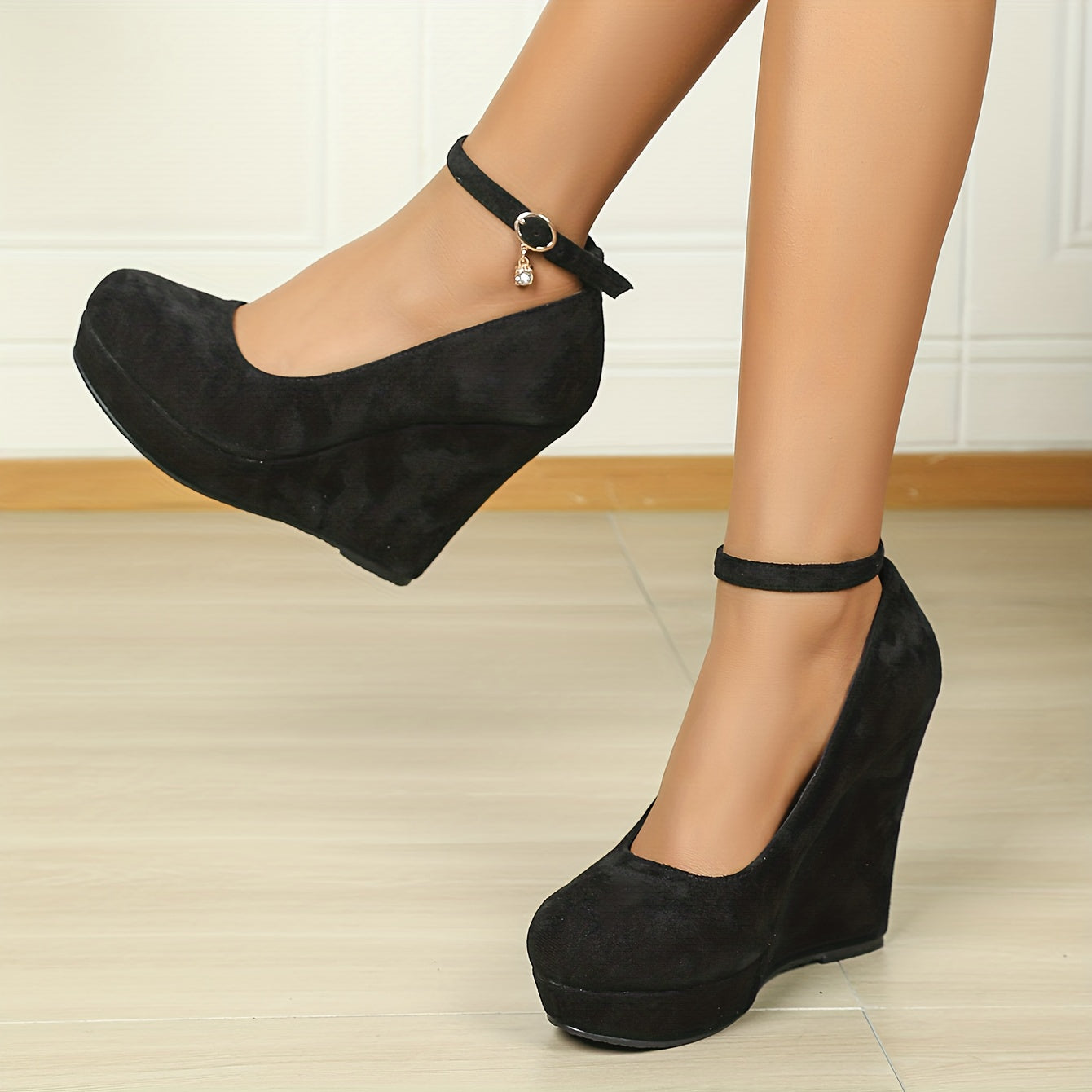 Women's Stylish Wedge Heel Shoes Buckle Strap Platform Heels Suede Party Pumps