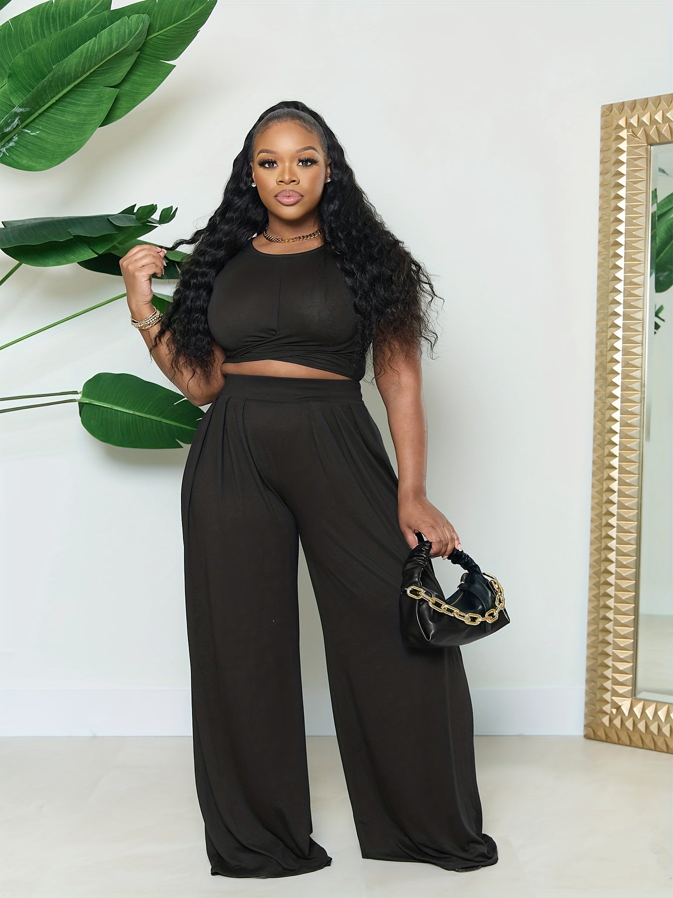  2 Piece Set Women's Short Sleeve Crop Top & Wide Leg Pants