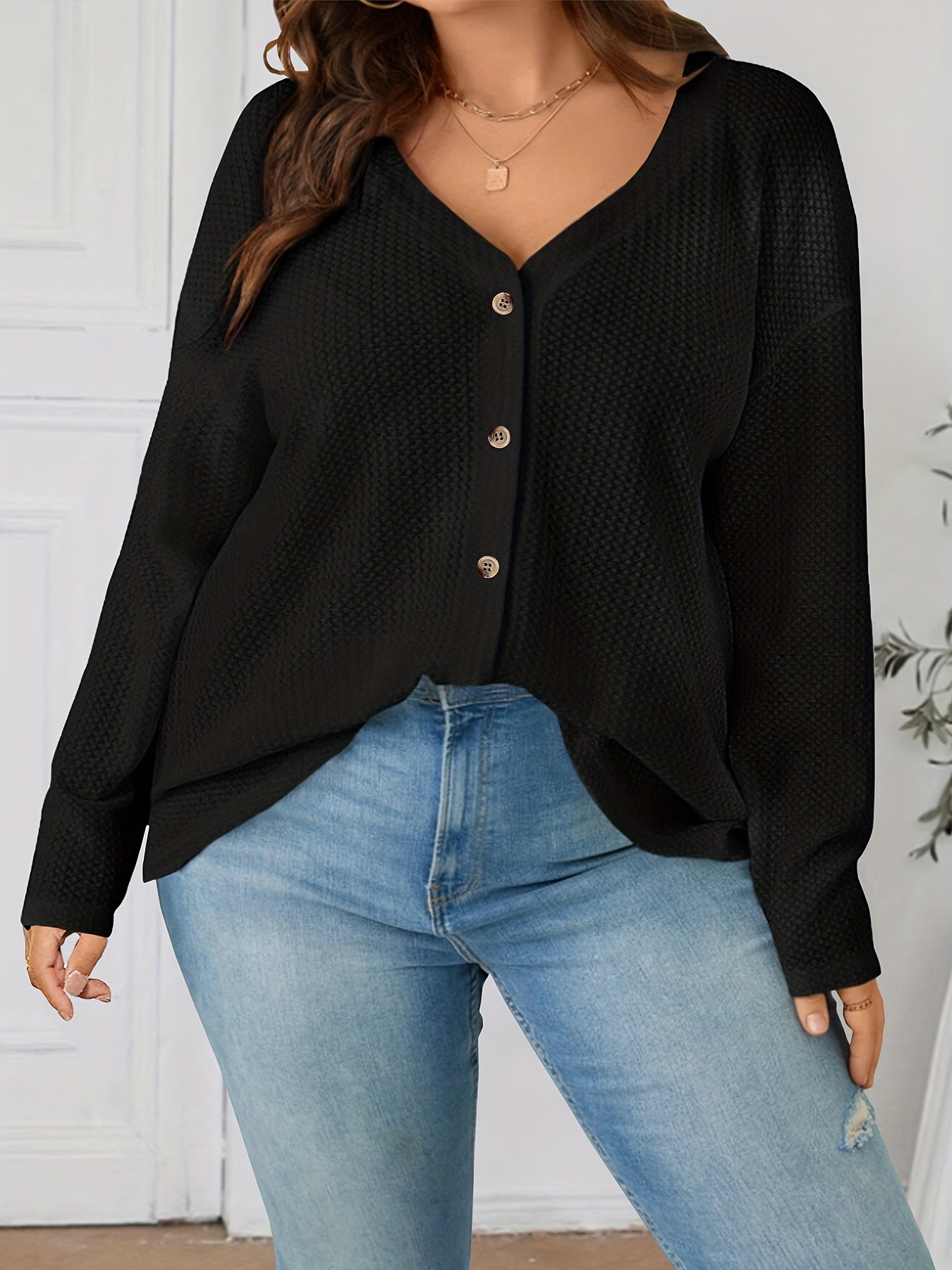  Solid Waffle Pattern Long Sleeve Cardigan