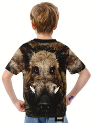 Wild Boar 3D Print Kids T-shirt Boys Summer Sports Lightweight Tee