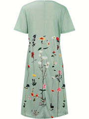  Floral Print Pleated Short Sleeve Dress