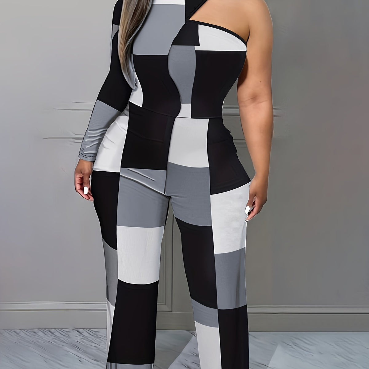 Plus Size Colorblock Grid Print One Shoulder Jumpsuit