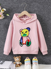 Girls Bear Print Hooded Sweatshirt Long Sleeve Pullover Casual Hoodie