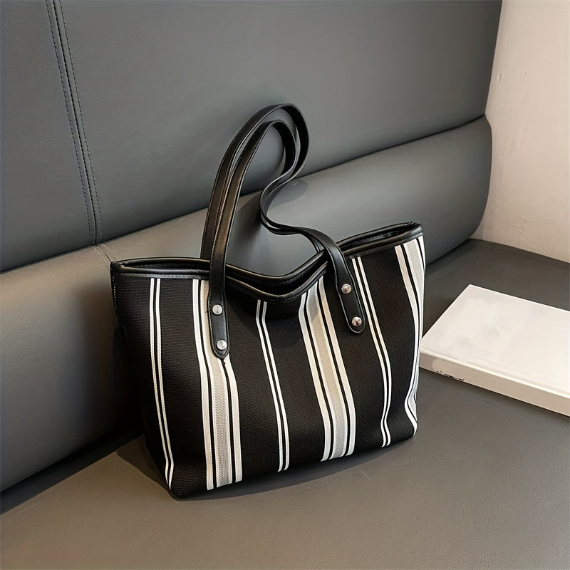 Retro Striped Tote Bag Canvas Shoulder Bag Women's Casual Versatile Handbag