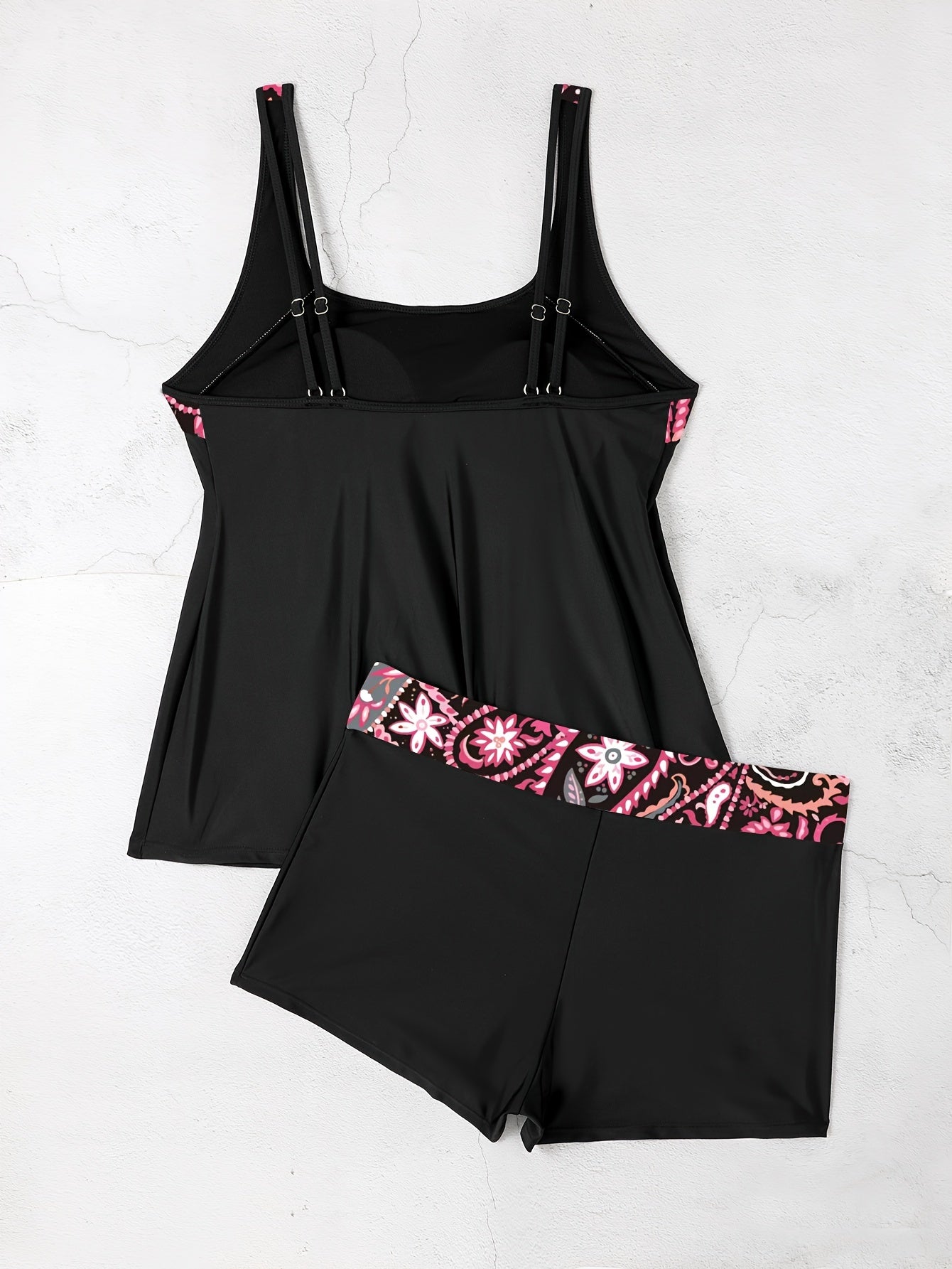  Floral Tankini Set Split Strap Top & Shorts Two Piece