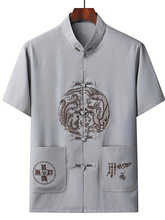 Men's Dragon Print Frog Button Chinese Style Shirt