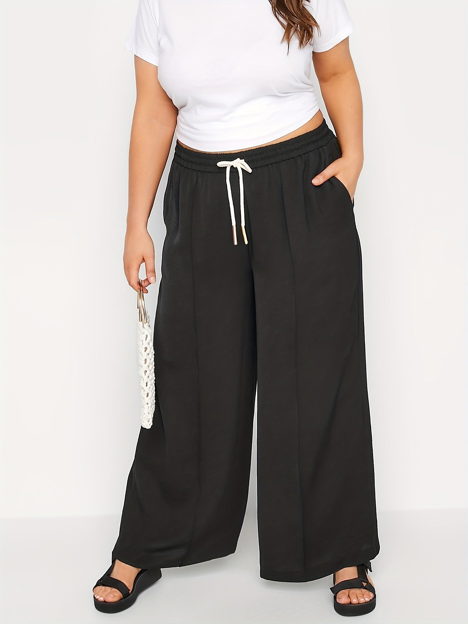 Women's Plus Wide Leg Pants Drawstring Elastic with Pockets