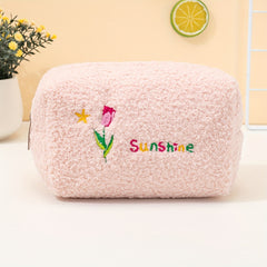 Embroidered Makeup Bag Plush Zip Toiletry Travel Organizer Gift