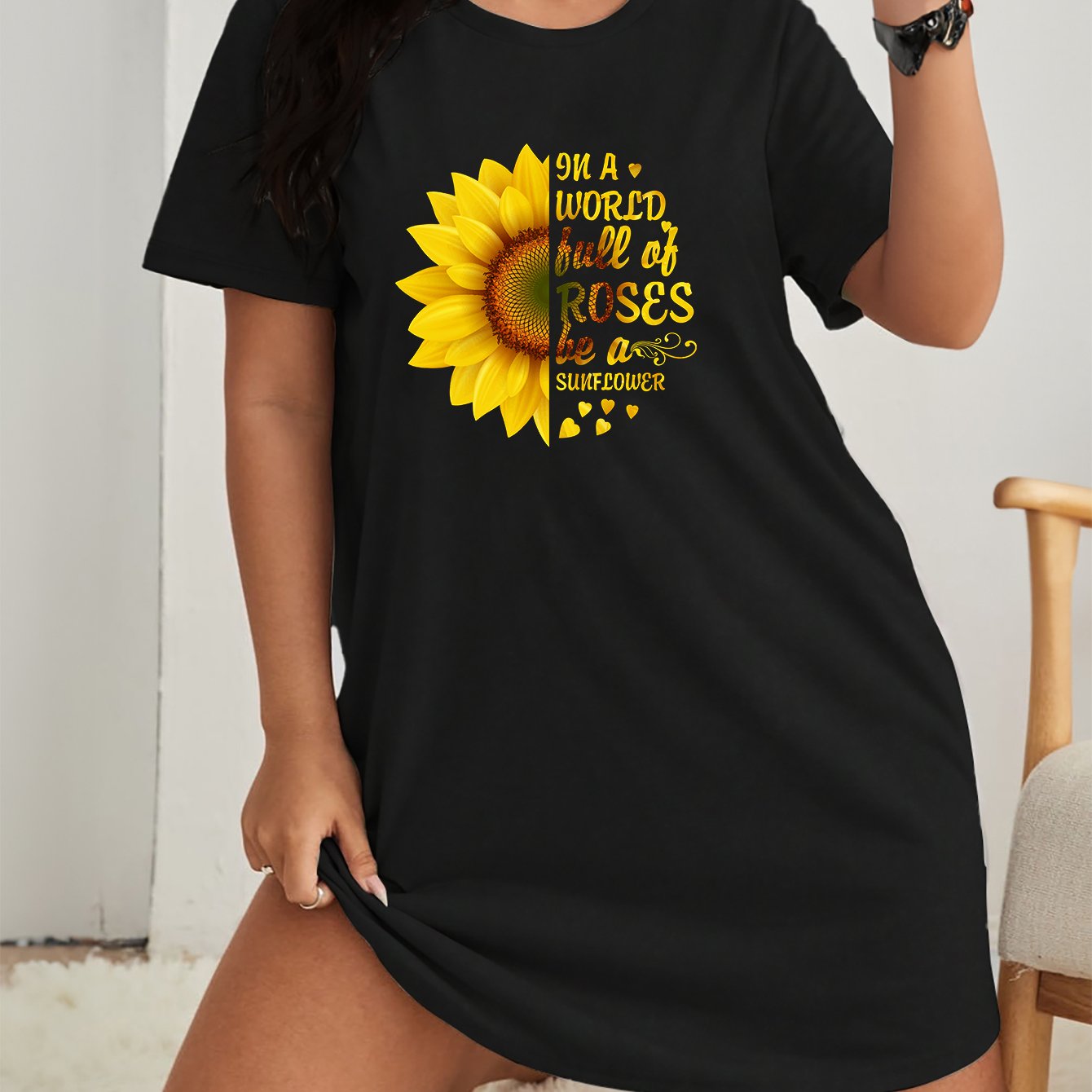  Sunflower Print Round Neck Tee Nightdress