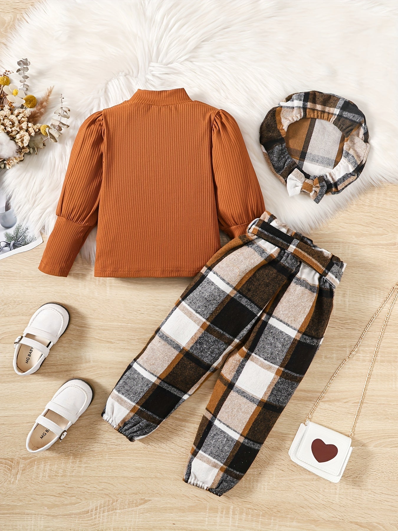 Girl's Plaid Beret & Sleeve Top & Pants Set Kids Clothes