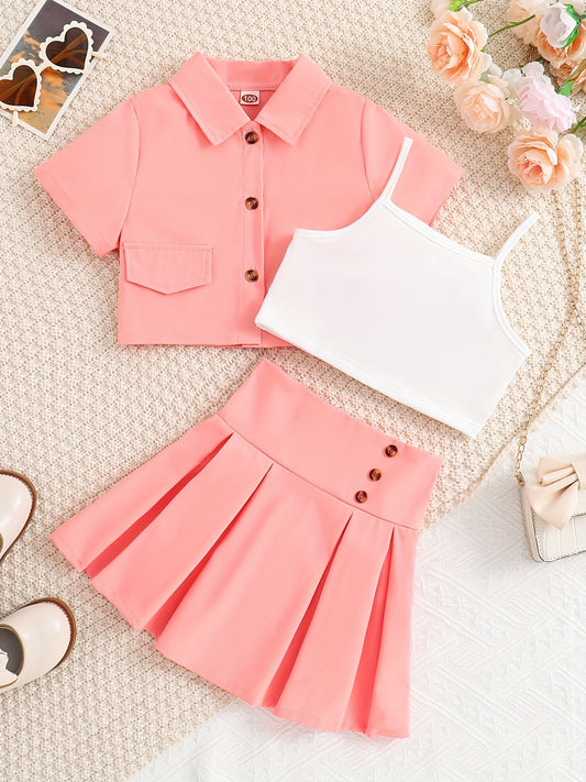 3pcs Girls Button Shirt & Pleated Skirt & Cami Crop Top Set