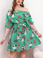 Floral Print One Shoulder Batwing Sleeve Knee Length Dress With Belt