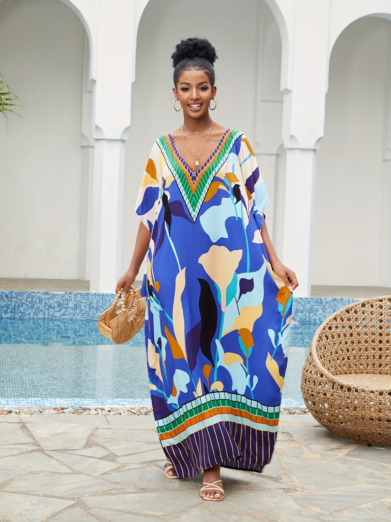  Boho Cover Up Women's Plus Abstract Print Bat Sleeve V Neck Loose Maxi