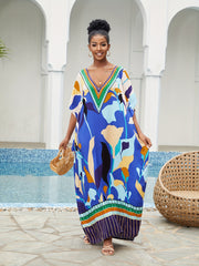  Boho Cover Up Women's Plus Abstract Print Bat Sleeve V Neck Loose Maxi