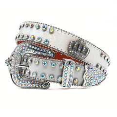 Men's Rhinestone Belt with Oval Gemstones and Rivet Design