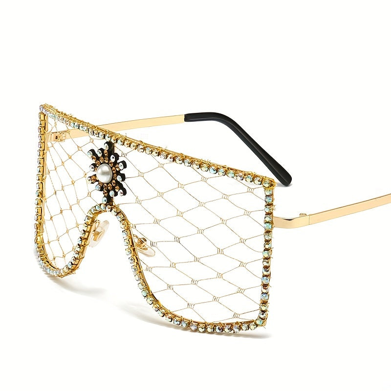 Women's Mesh Shield Glasses Faux Pearl Rhinestone Party Queen Costume