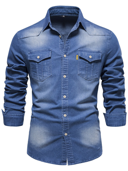 Cotton Denim Shirt Men Long Sleeve Cowboy Shirts Casual Slim Fit