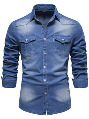 Cotton Denim Shirt Men Long Sleeve Cowboy Shirts Casual Slim Fit