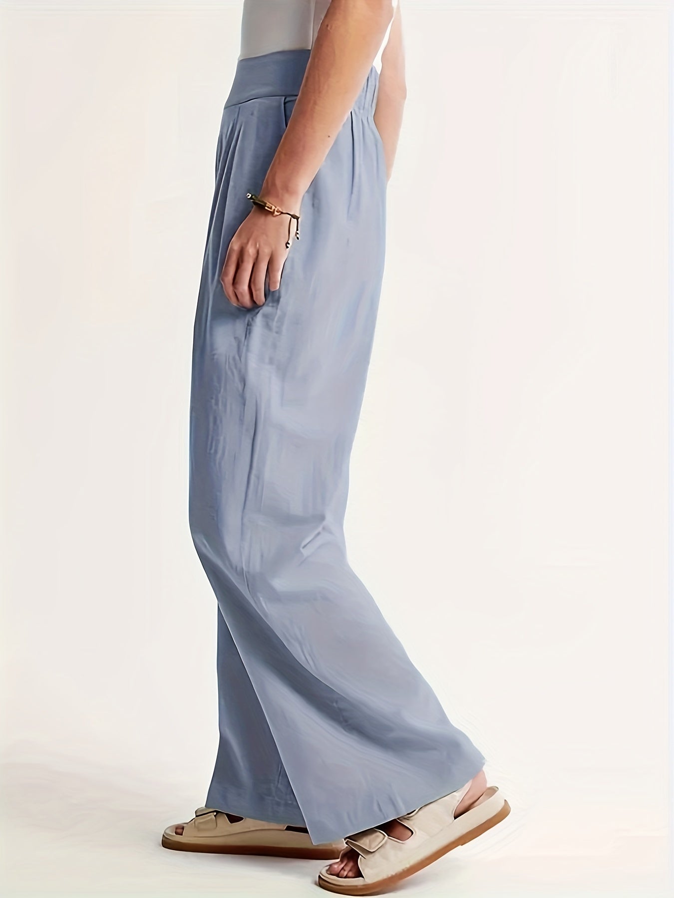  Solid High Rise Wide Leg Trousers