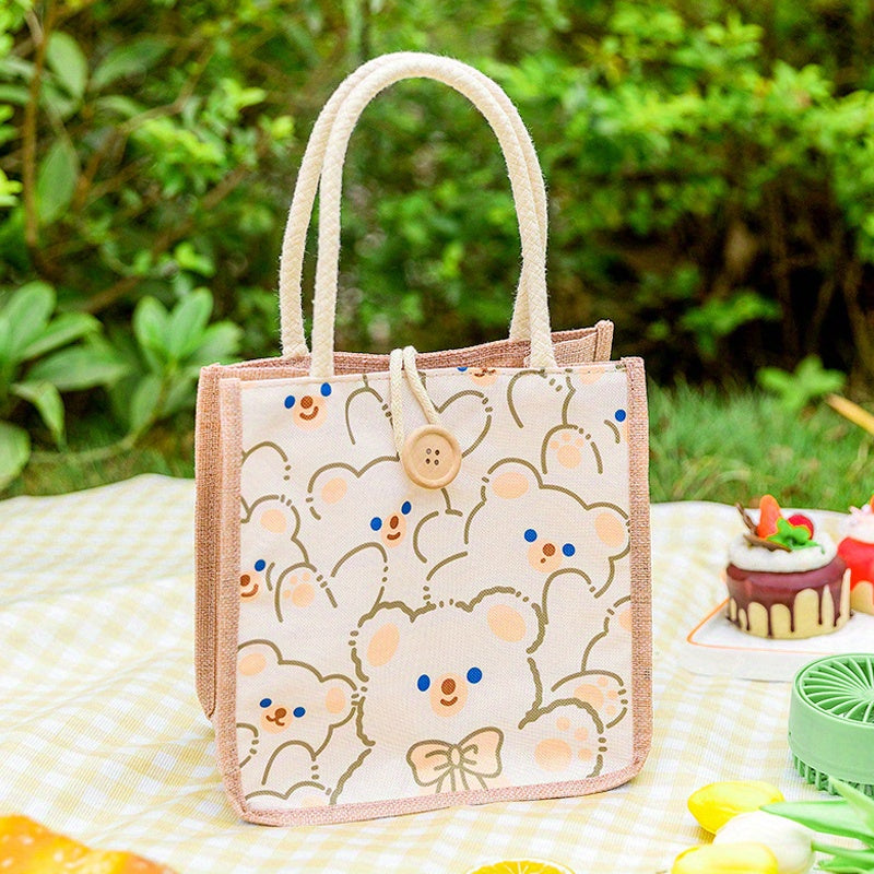 Cotton Linen Cartoon Insulated Lunch Bag