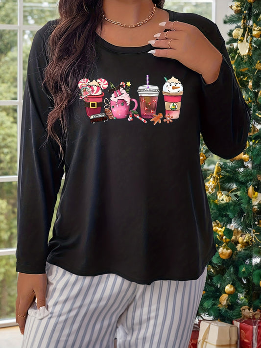  Snowman Drinks Print Lounge Top Long Sleeve Round Neck Pajama Top