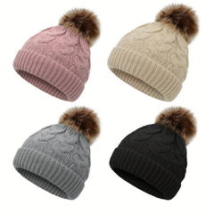 4 Pack Kids Winter Hats Beanie with Faux Fur Pom