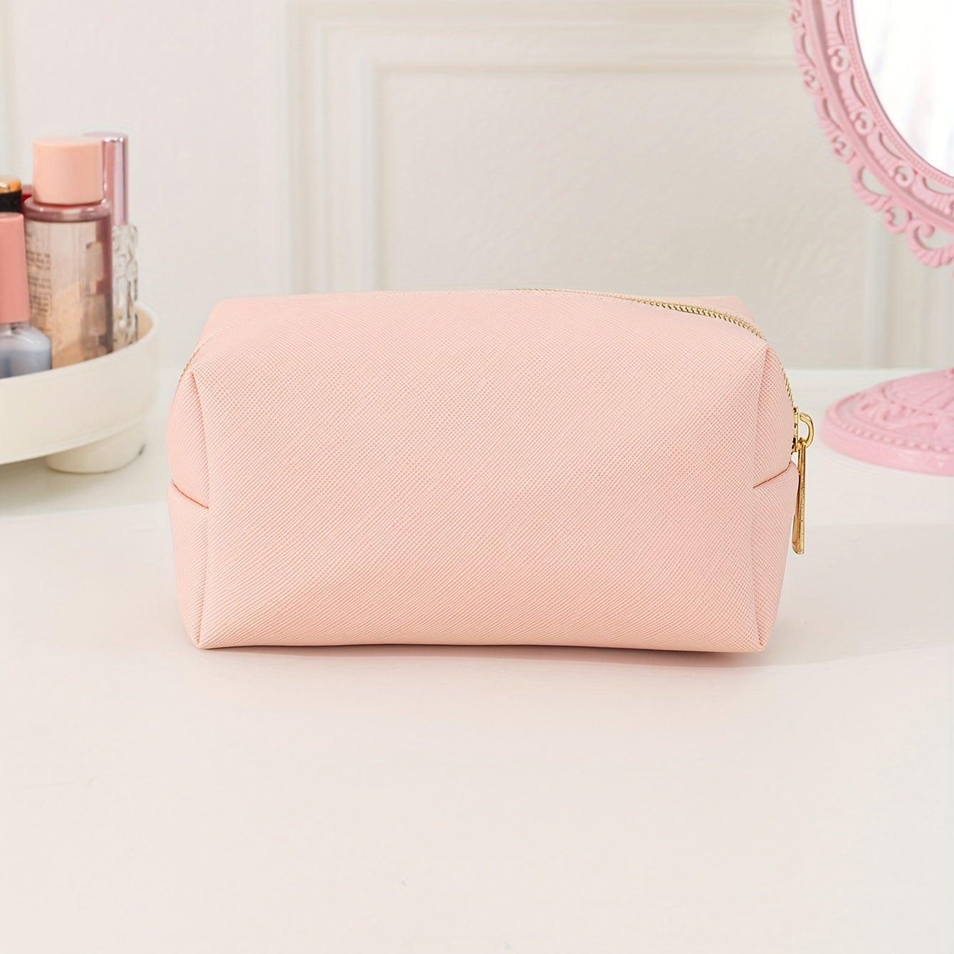 Pink Cosmetic Bag Women Makeup PU Travel Toiletry Zipper Storage Pouch