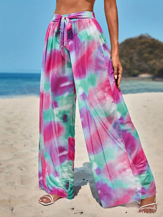Print Cover Up Pants Wide Legs Semi Sheer Beachwear Trousers