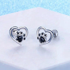 Cat Dog Footprint Heart Stud Earrings Silver Plated Daily Wear Gift