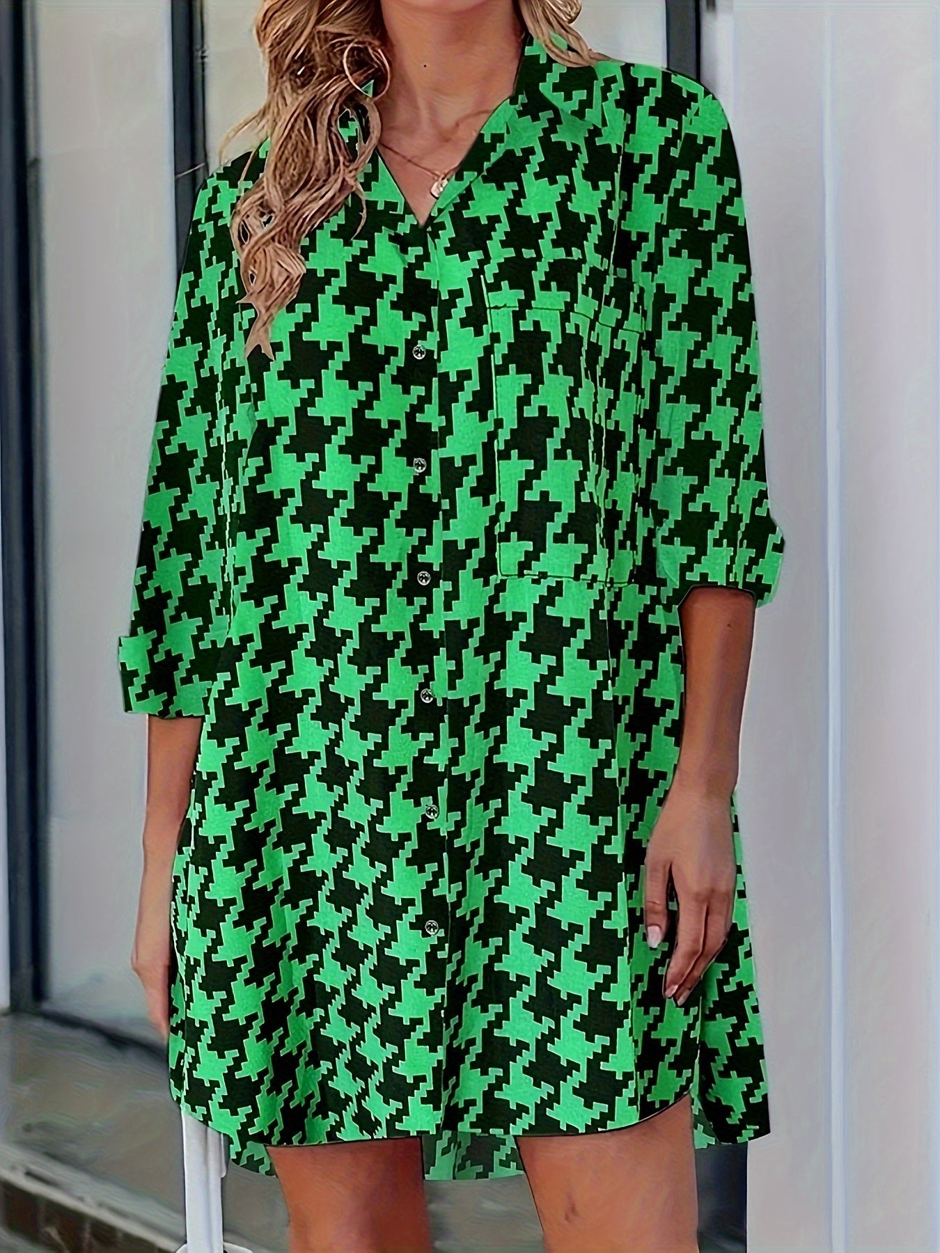  Houndstooth Print Button Up Blouse