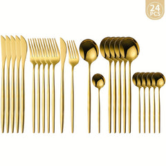 24pcs Stainless Steel Cutlery Set Thin Portuguese Steak Fork Spoon Plated