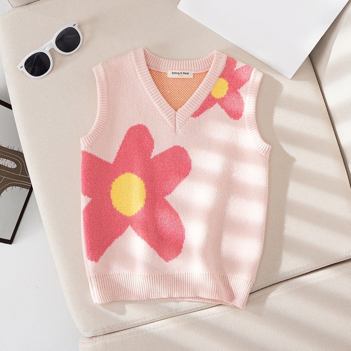 Girls Casual Floral Print V neck Sweater Vest