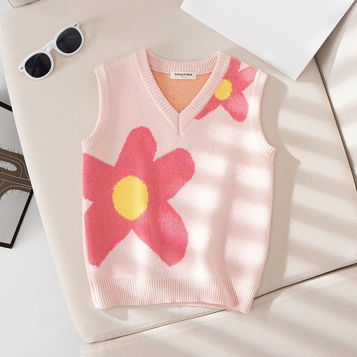 Girls Casual Floral Print V neck Sweater Vest