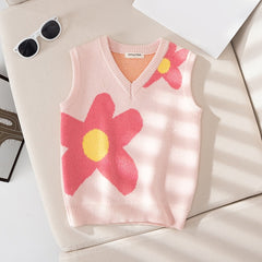 Girls Casual Floral Print V neck Sweater Vest