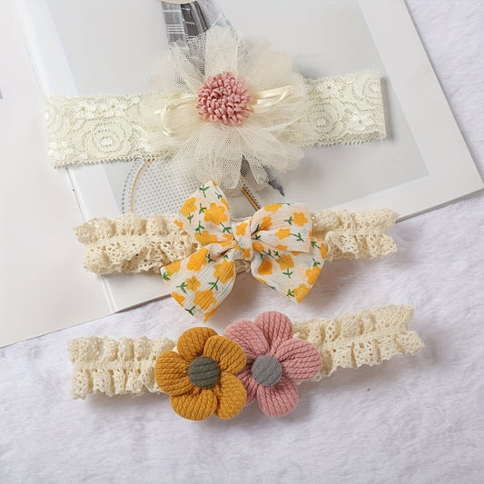 3pcs Baby Girls Lace Headband with Flower Bow Decoration Hair Accessories