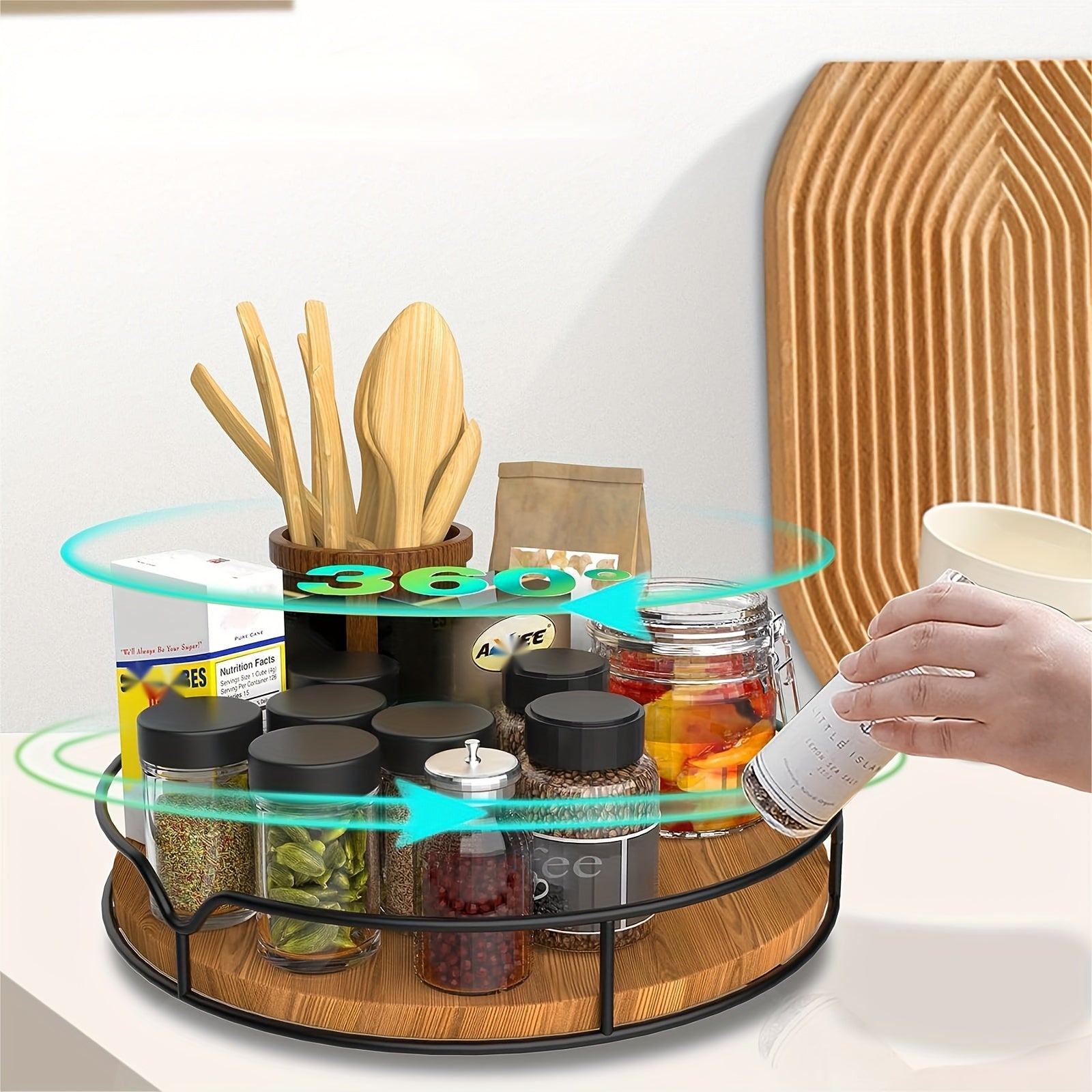 Wooden Turntable Organizer Tray for Cabinet Pantry Kitchen Refrigerator Cupboard