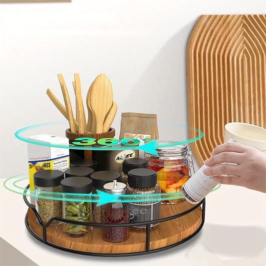 Wooden Turntable Organizer Tray for Cabinet Pantry Kitchen Refrigerator Cupboard
