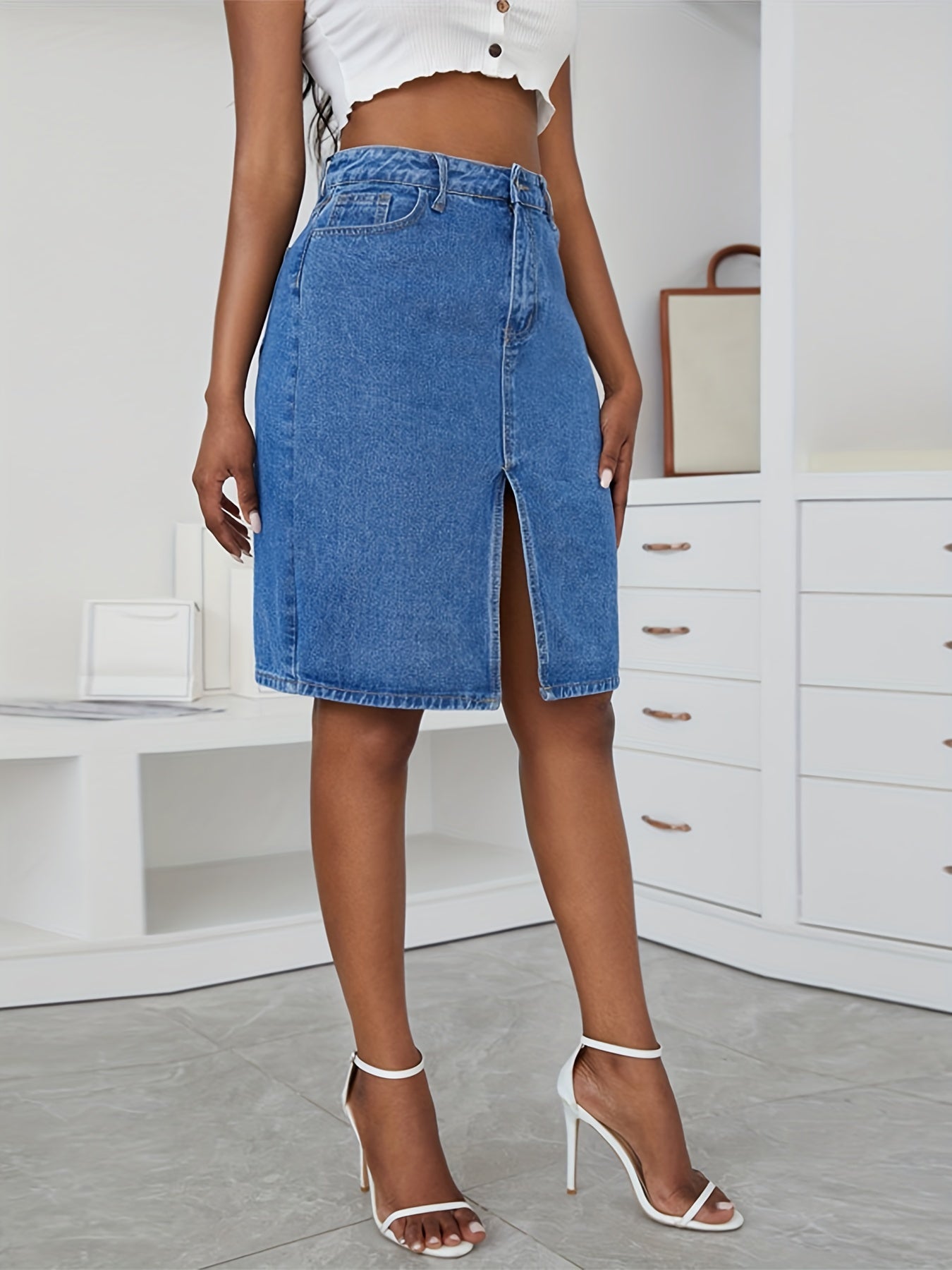 High Waist Denim Skirt Slight Stretch Split Denim Skirt