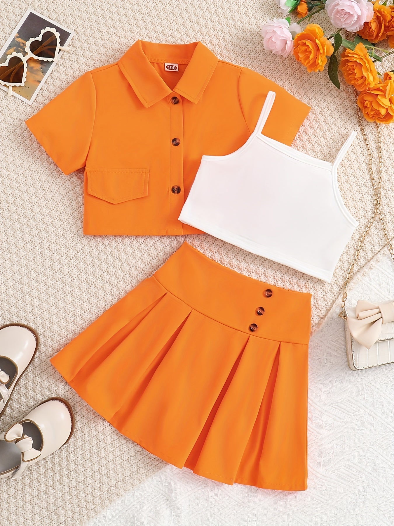 3pcs Girls Button Shirt & Pleated Skirt & Cami Crop Top Set