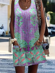 Floral Print Boho Tank Dress with Pockets