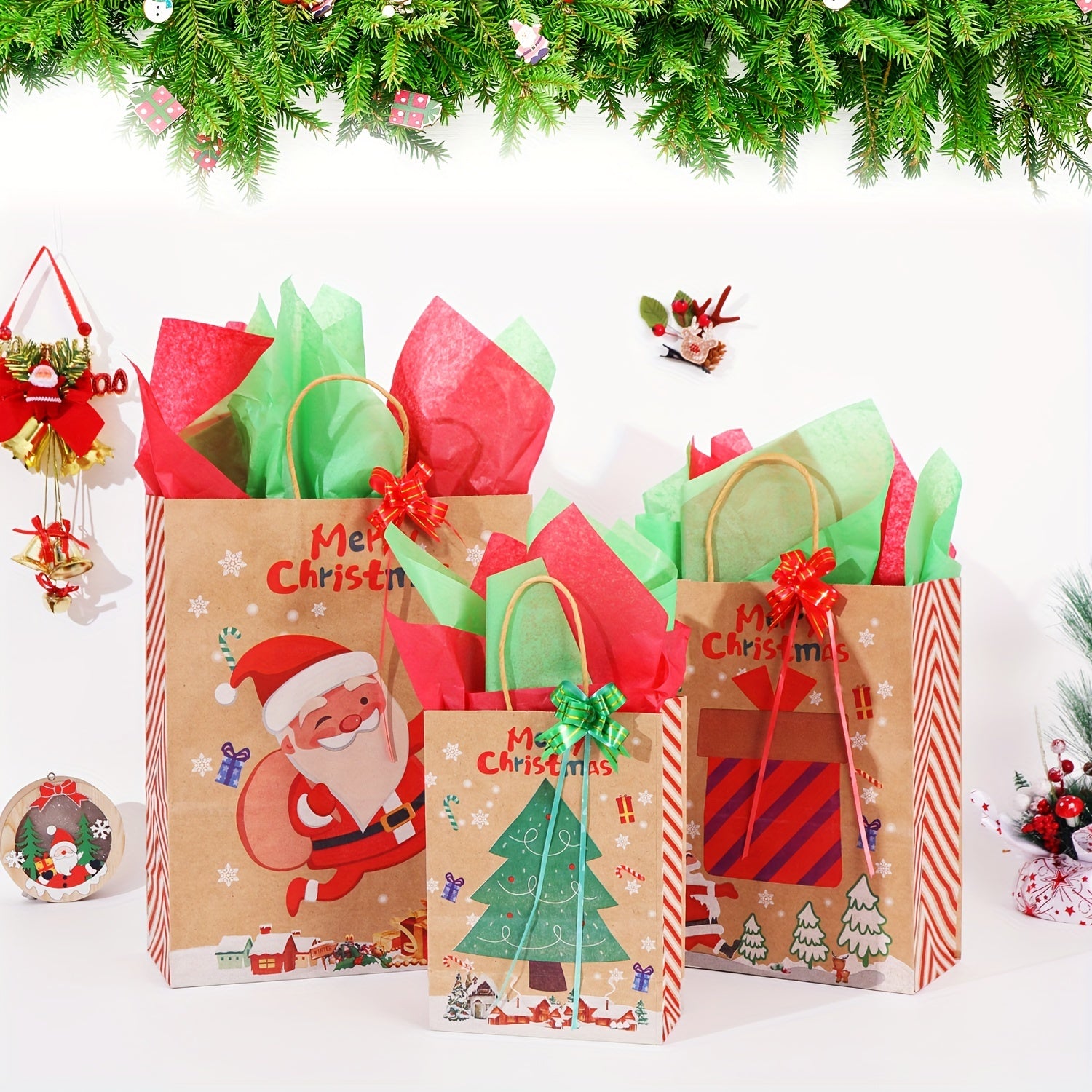 Christmas Gift Bag Set Large Medium Small 8 Paper Wrappers 8 Ribbon Bows