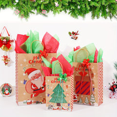 Christmas Gift Bag Set Large Medium Small 8 Paper Wrappers 8 Ribbon Bows