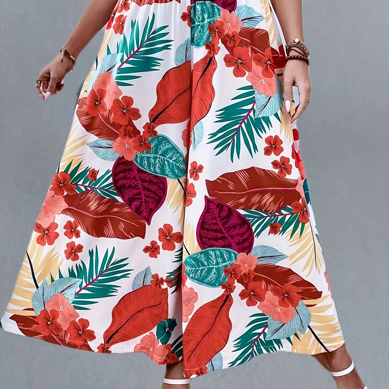  Tropical Print High Rise Wide Leg Trousers