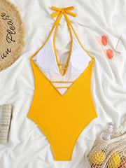 Yellow Halter Ring One Piece Swimsuit Backless High Cut Bathing Suit
